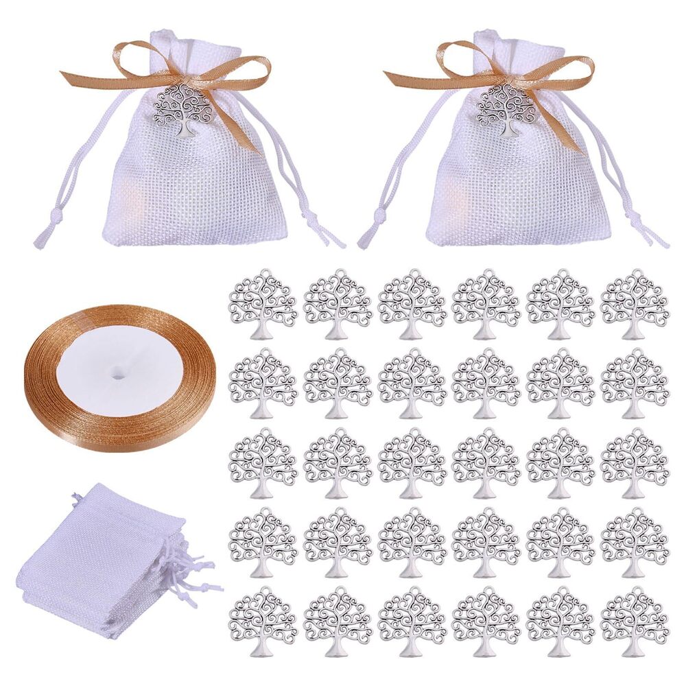 3115 30 Pcs Tree of Life Pendant 30 Pcs Bags and 1 Roll Ribbon Alloy Tree